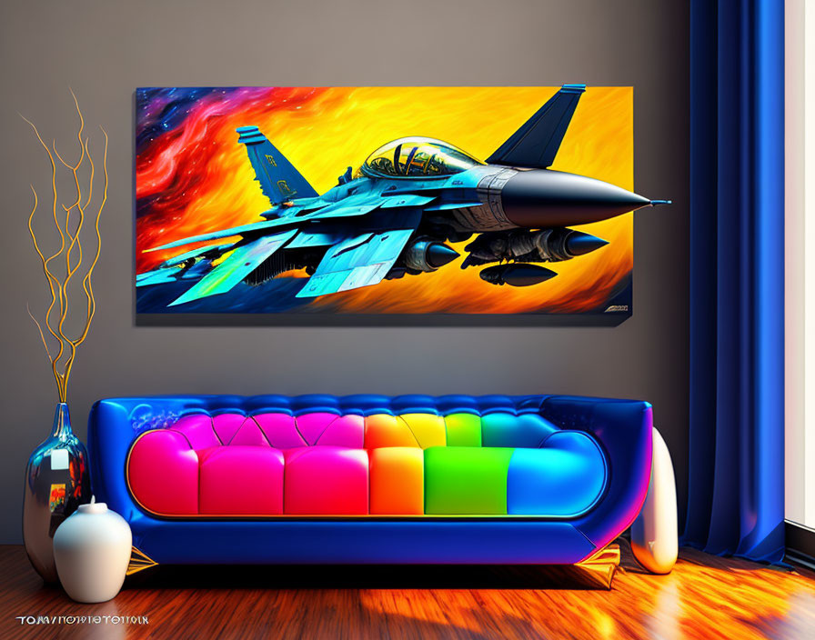 Vibrant jet painting in colorful modern living room