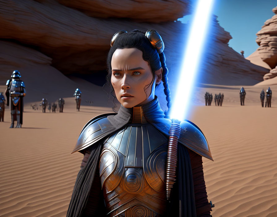 Female warrior in sci-fi armor wields blue lightsaber in 3D illustration