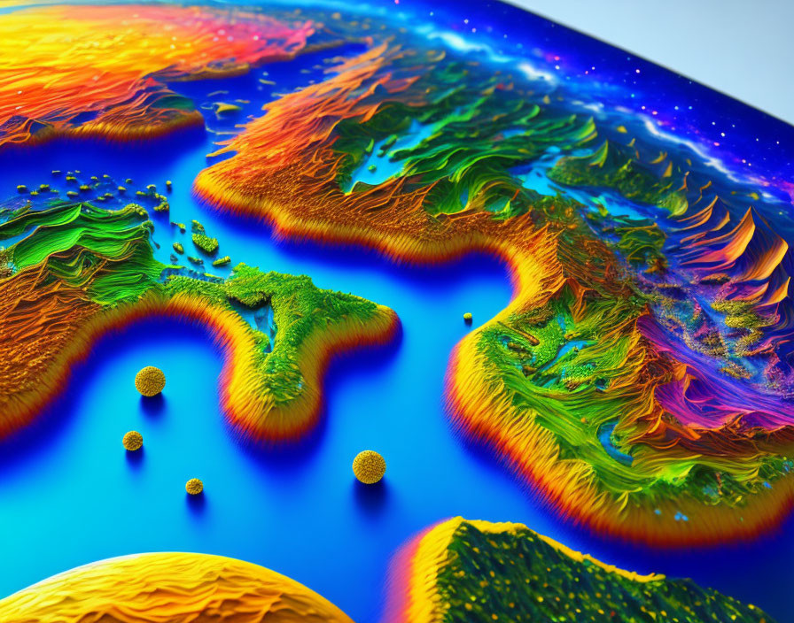 Colorful 3D Topographical Map of Island-like Terrain Under Starry Sky