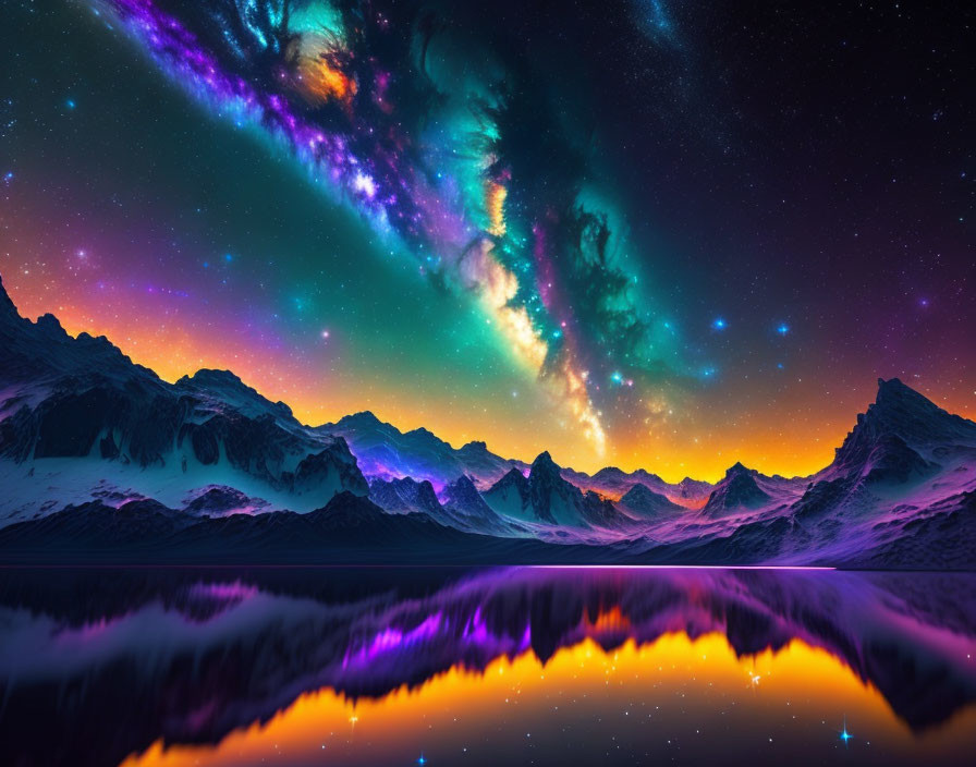 Majestic aurora borealis above snowy mountains and reflective lake