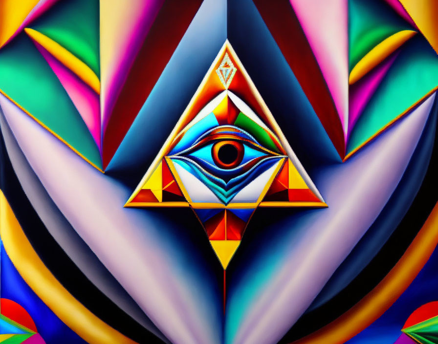 Colorful abstract art: central eye in pyramid, swirling colors & geometric patterns