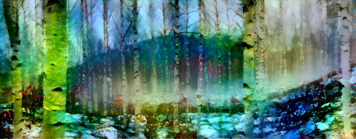 Winter in blue birch forest