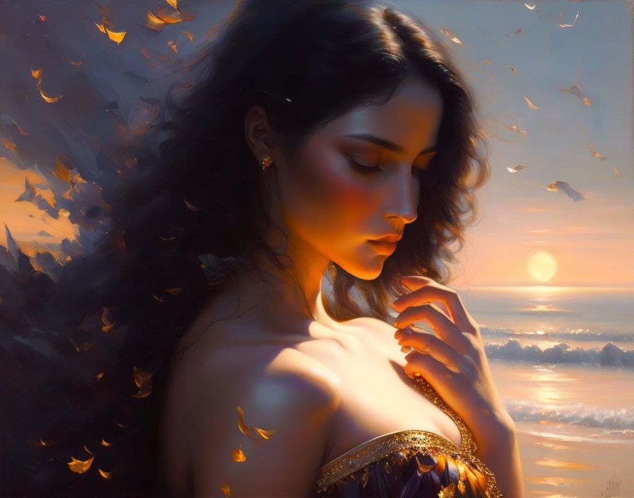 Dark-haired woman gazes at sunset over ocean with floating leaves