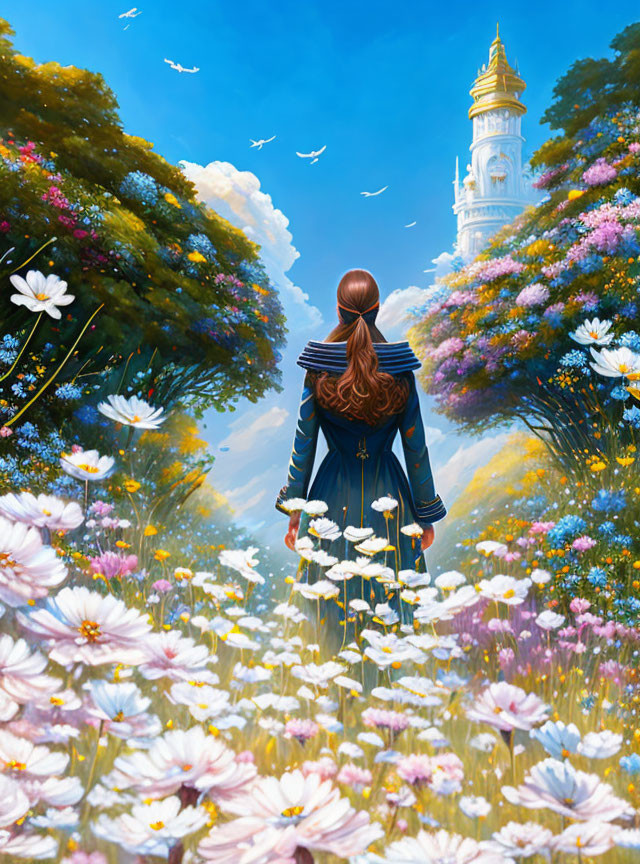 Long-haired person in blue coat surrounded by white flowers and trees, looking at distant tower under blue sky