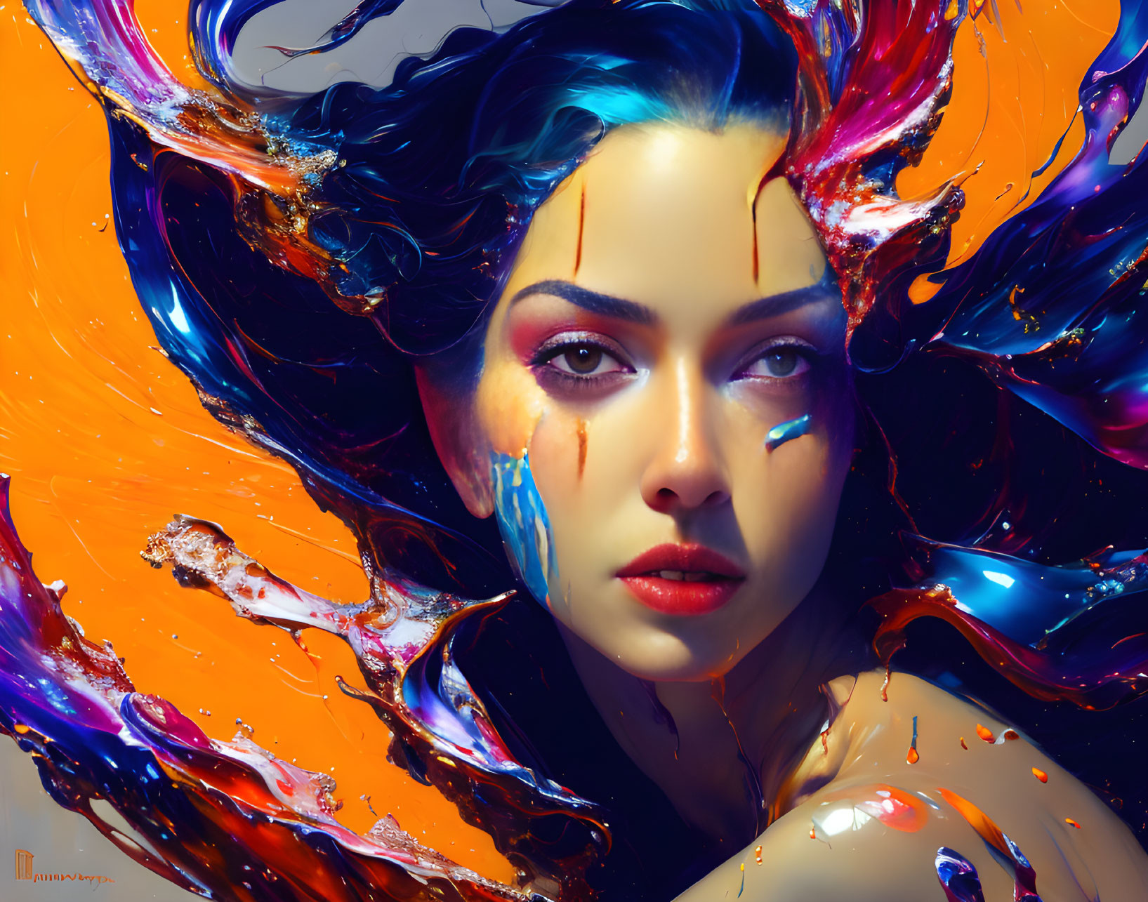 Colorful digital artwork of woman with flowing hair and vibrant paint splashes