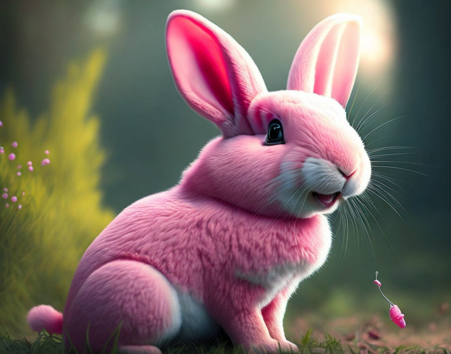 Colorful digital artwork: Whimsical pink rabbit with oversized ears in grassy setting