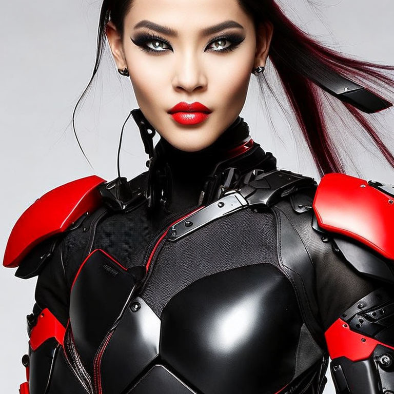 Bold Makeup Woman in Futuristic Black and Red Armored Bodysuit