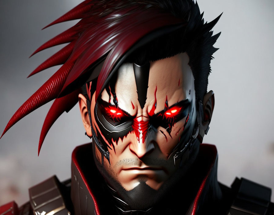 Male Character with Red Eyes and Mask Splattered in Blood