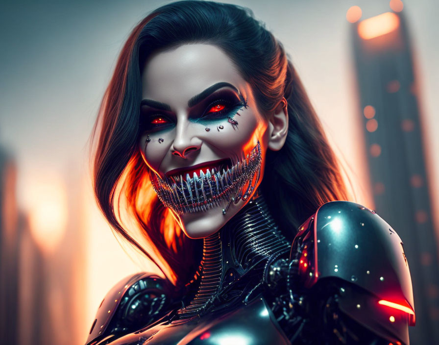 Female Cyborg with Malevolent Grin and Red Eyes in Urban Twilight