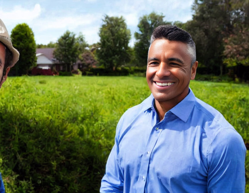 Smiling man in blue shirt outdoors with greenery and house in background