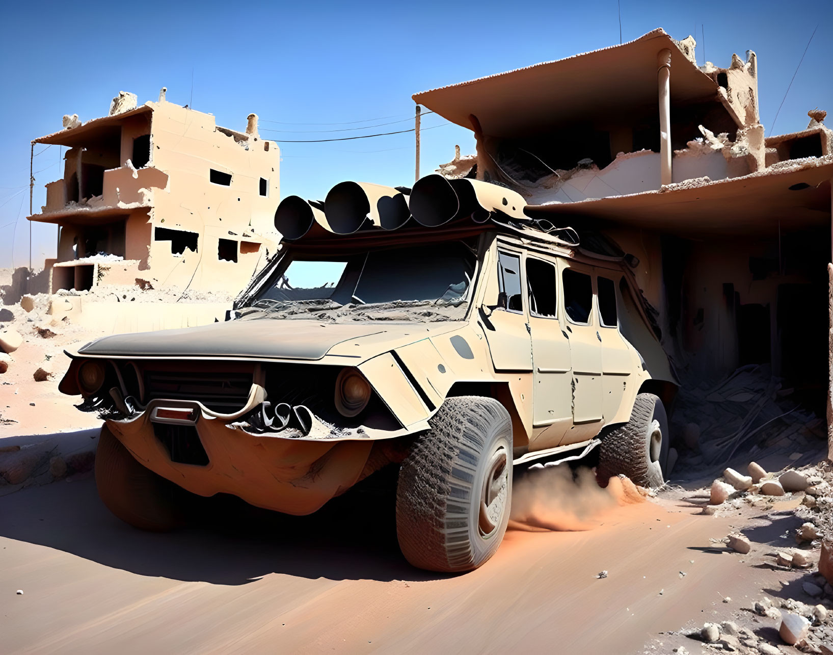 Armored military vehicle with rocket launchers in desert warzone.