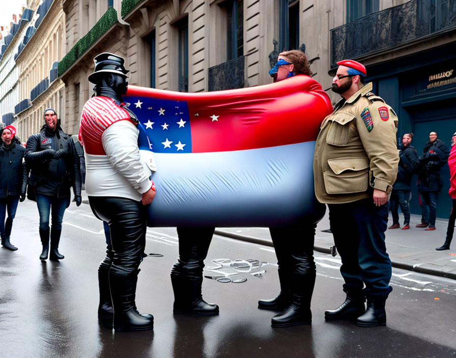 Patriotic individuals with American flag on city street