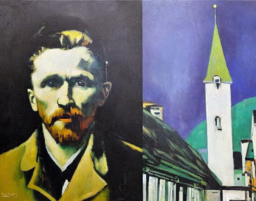 Diptych: Bearded Man Portrait & Green Spire Buildings in Expressionist Style