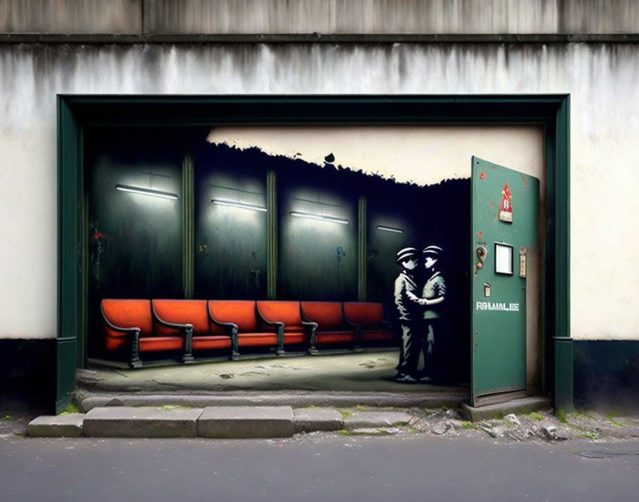 3D room illusion street art with man spray painting wall