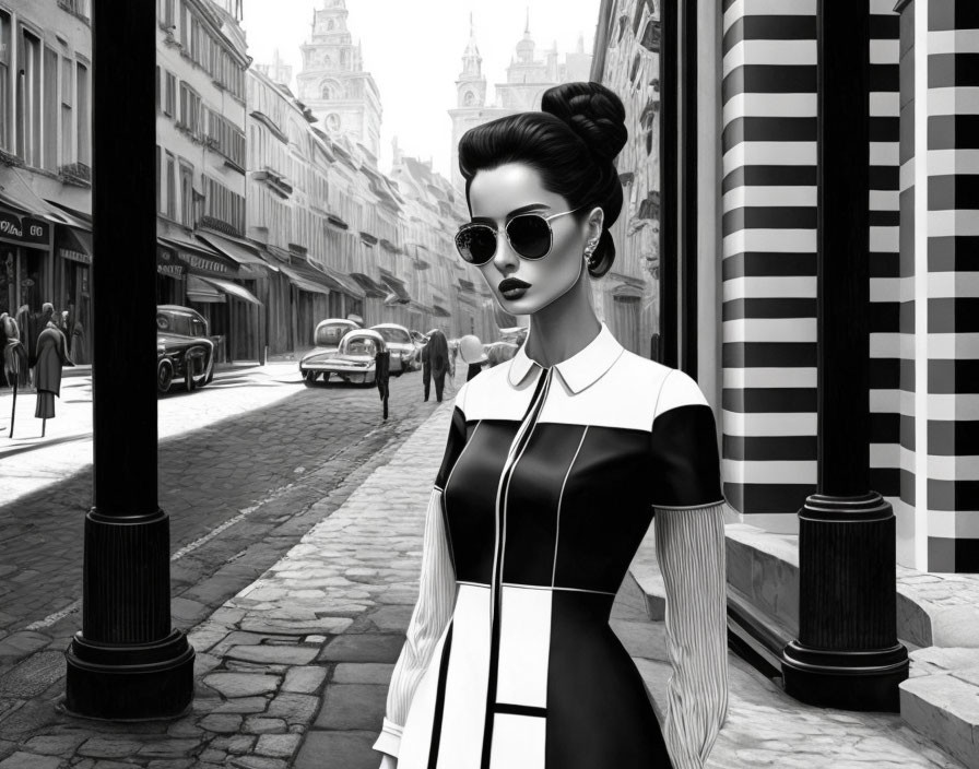 Monochrome illustration: Stylish woman in chic attire on vintage city street