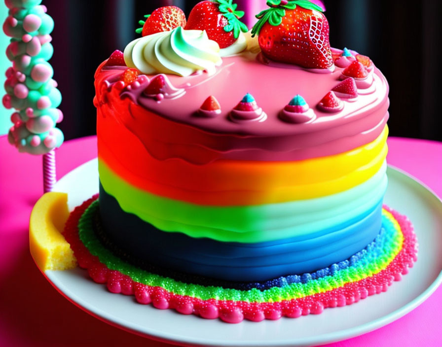 Colorful Rainbow Layered Cake with Frosting and Candies on White Plate