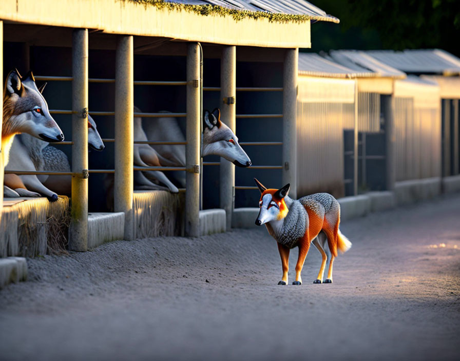 Multiple Large Fox Heads and a Small Fox with Human Legs in Surreal Scene