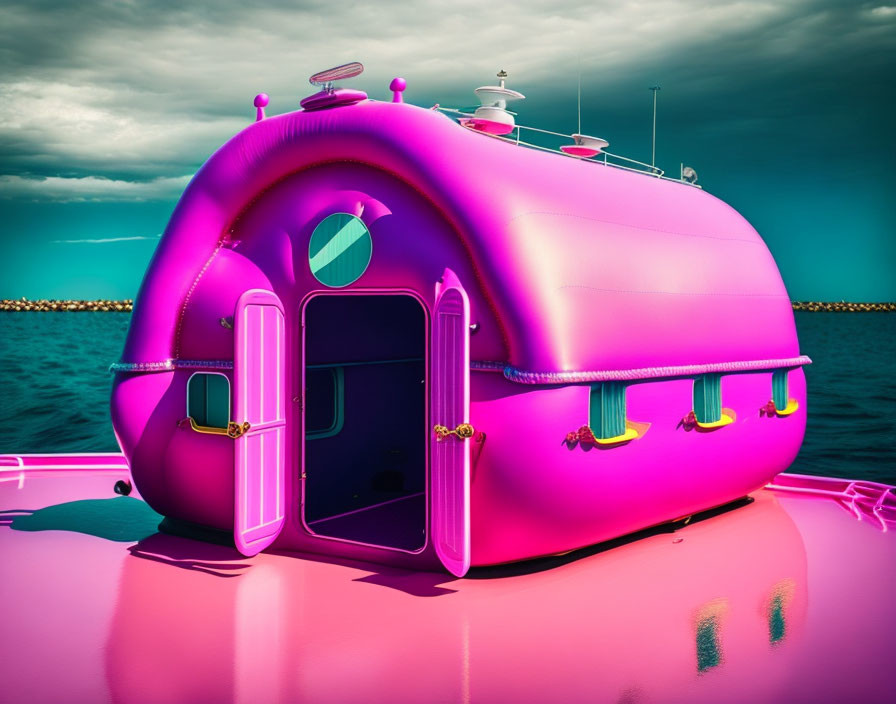 Futuristic pink and purple boat with round portholes on calm water