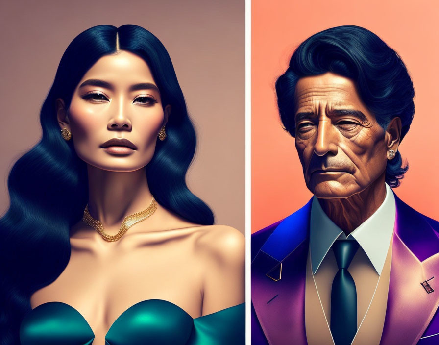 Stylized portraits of young woman and older man side by side