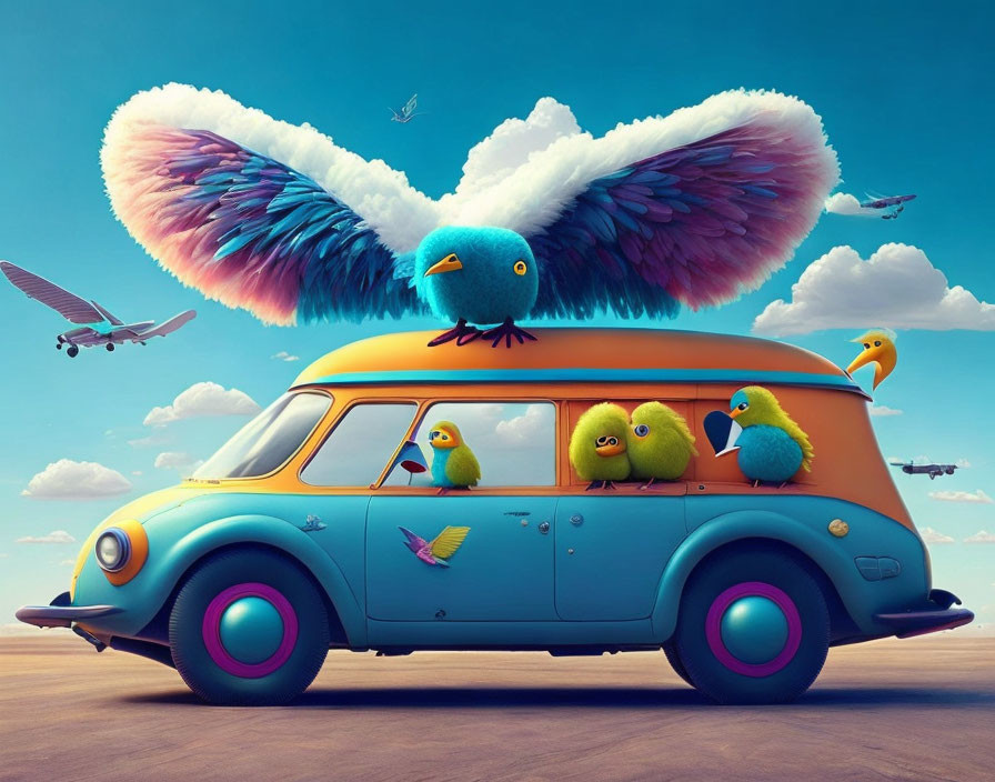 Colorful Birds Adorn Blue Van with Wings in Surreal Sky