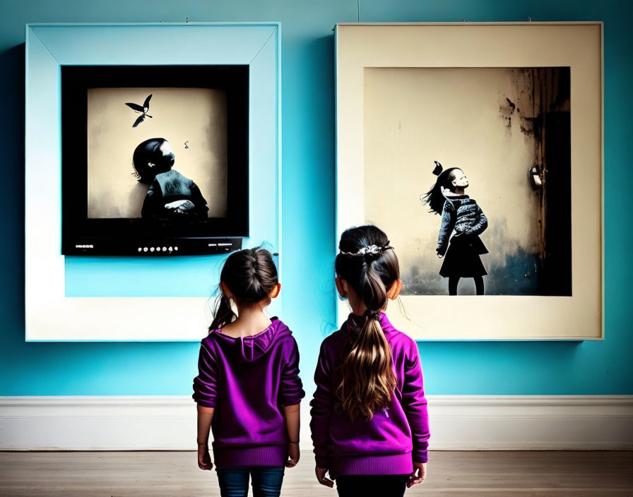 Two girls in purple observing framed child-bird photos in art gallery