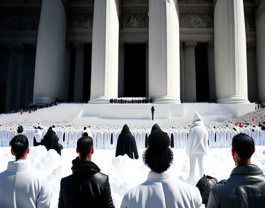 People in black and white attire outside neoclassical building with flower carpet.