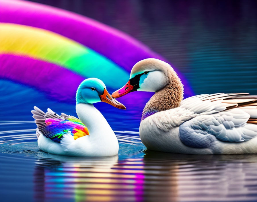 Vibrantly colored swans on water with surreal rainbow.