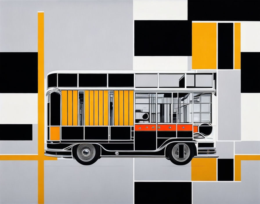 Stylized bus illustration in black, white, and yellow on abstract background