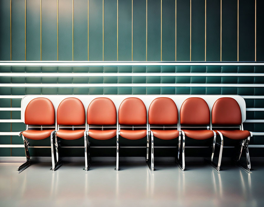 Seven retro-style orange seats against teal striped wall