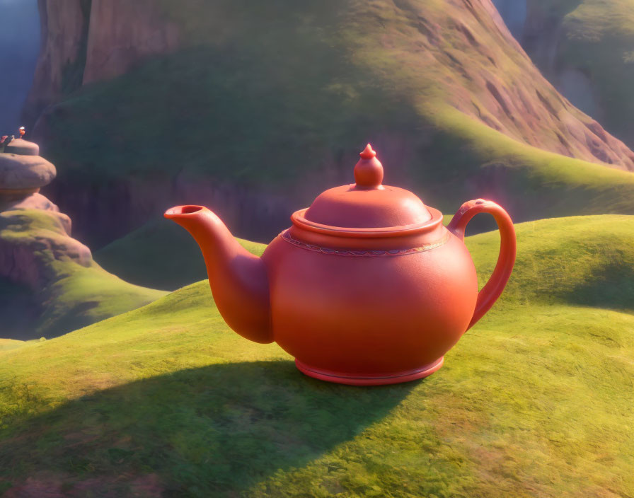 Red teapot on green grass with hilly backdrop and warm light