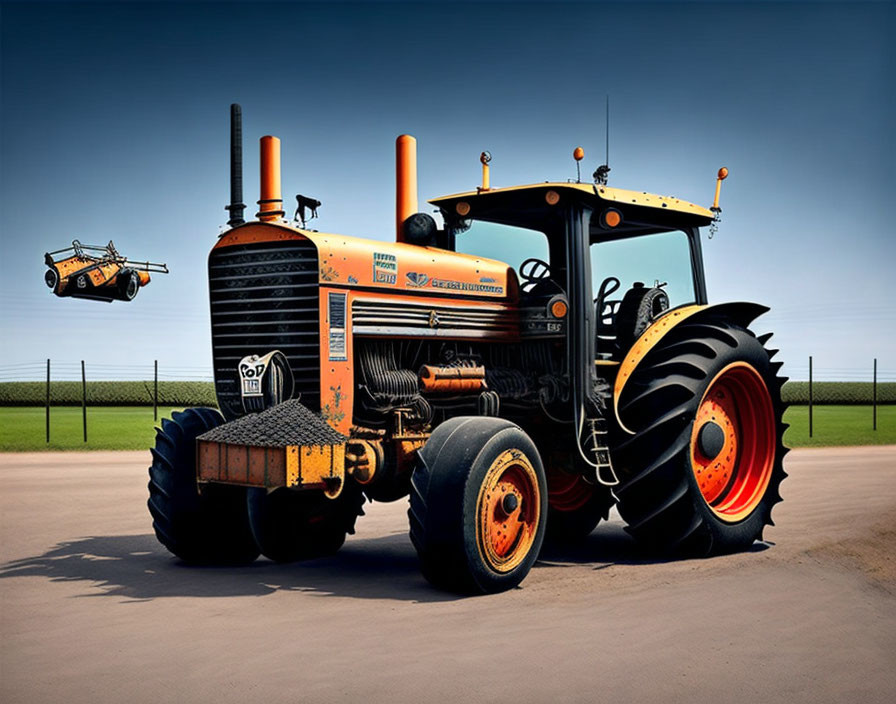 Vintage orange tractor on grass field with blue skies and flying vehicle.