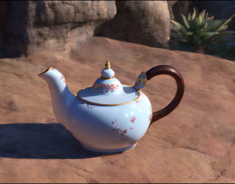 Floral-patterned porcelain teapot with gold accents on rocky surface