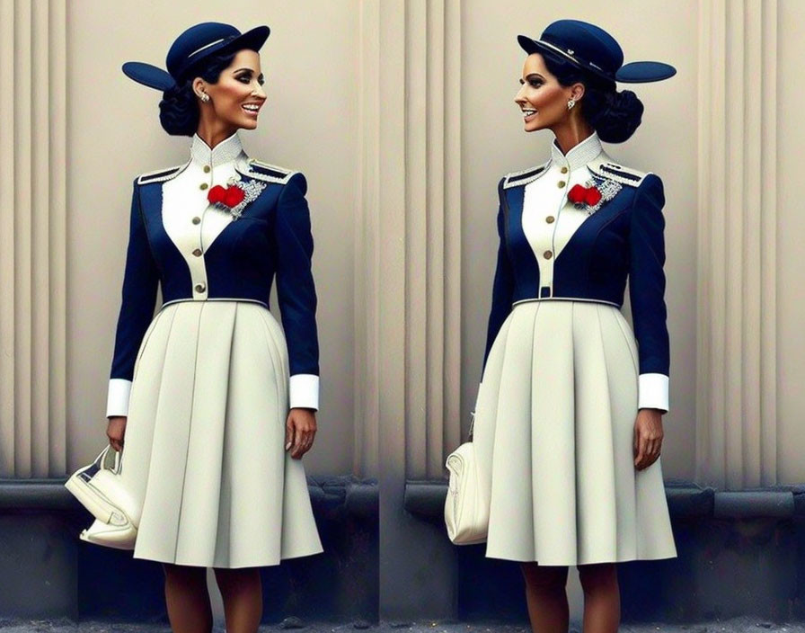 Vintage-inspired woman in navy and cream uniform with pillbox hat and red flower corsage smiles by wall