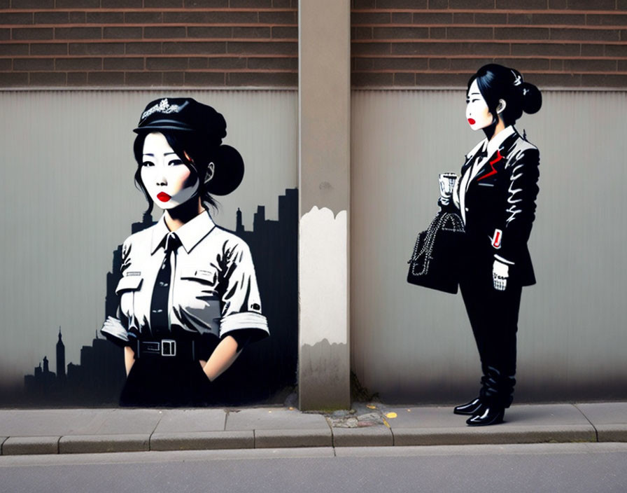 Monochrome and 3D women in uniform against urban backdrop