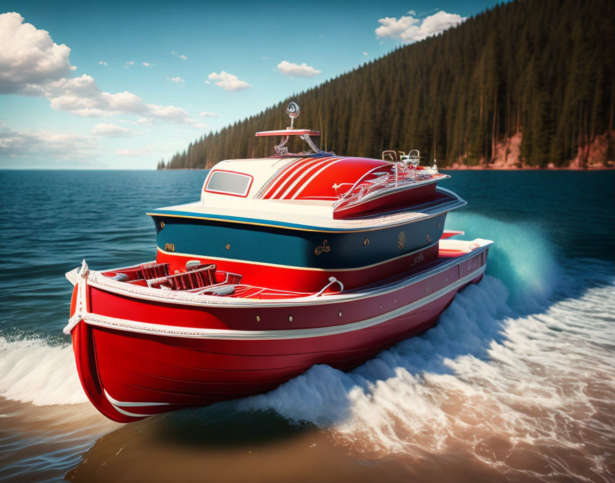 Classic Red and Blue Speedboat on Lake with Forested Hills