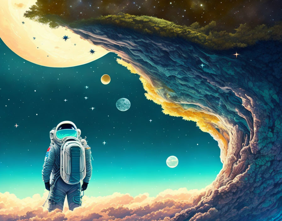 Astronaut on surreal landscape with upside-down landmass and starry sky