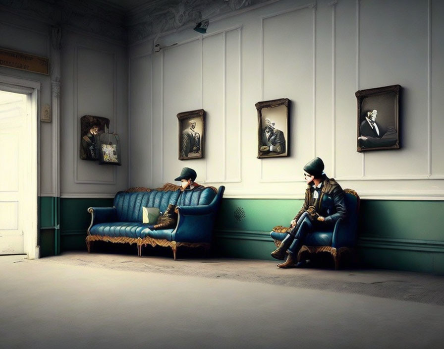 Napoleonic figures on vintage sofa in elegant room with portraits