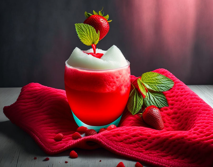 Vibrant strawberry slushie with leafy garnish on red cloth