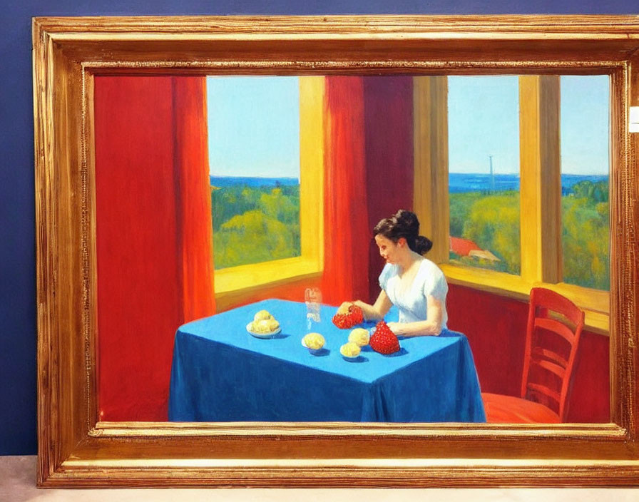 Woman Seated at Table by Window with Blue Tablecloth and Fruit