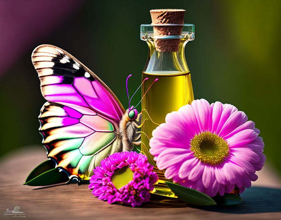 Vibrant butterfly, corked bottle, pink flowers on green background