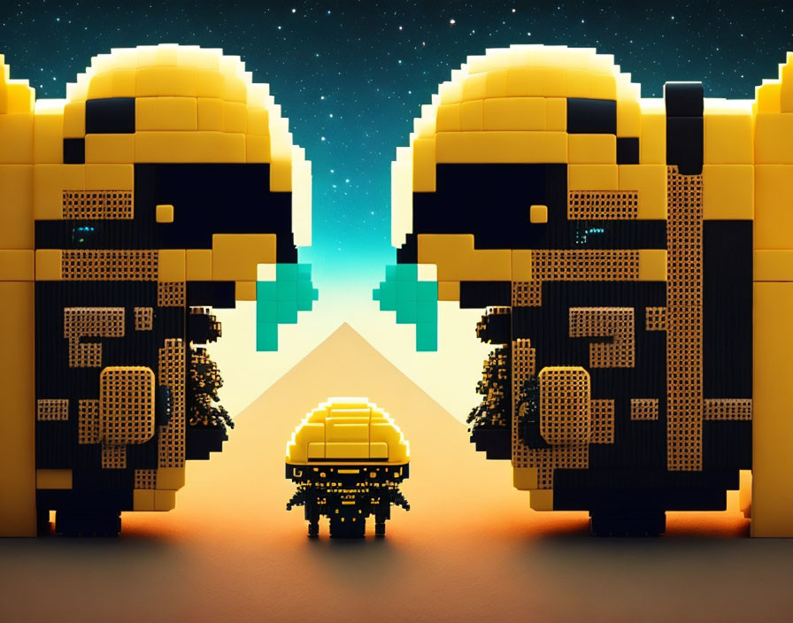 Retro pixel-style helmets with glowing spaceship in digital artwork