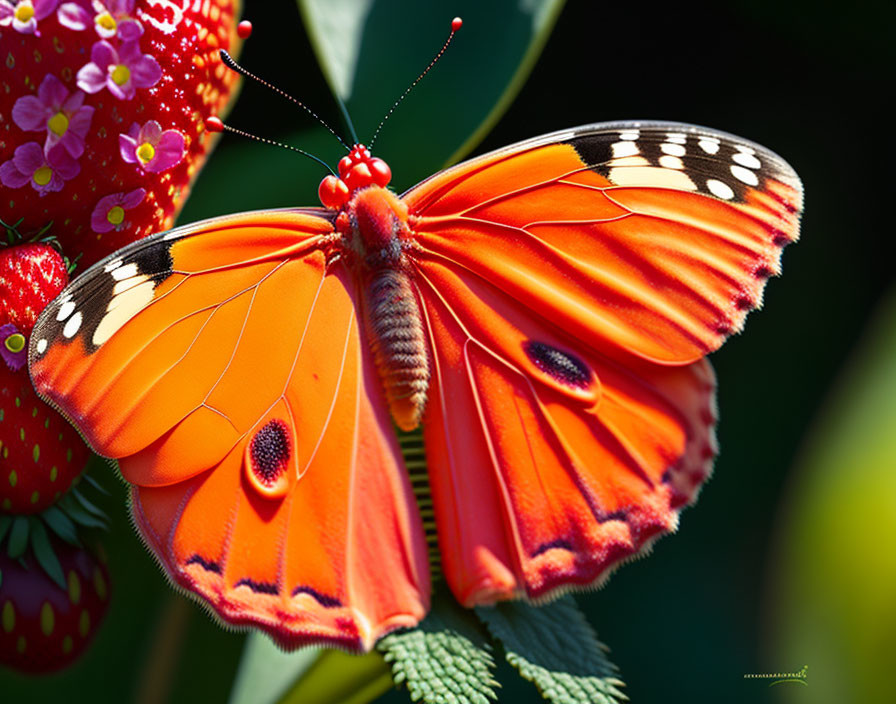 Orange butterfly with black and white spots on green foliage and red flowers