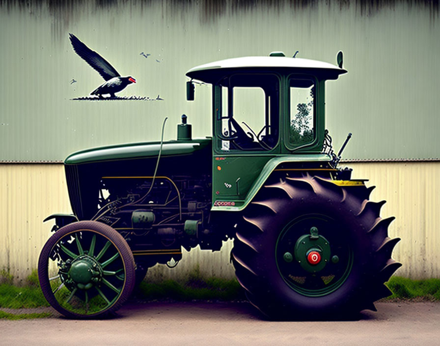 Vintage Green Tractor Near Corrugated Metal Wall with Flying Bird