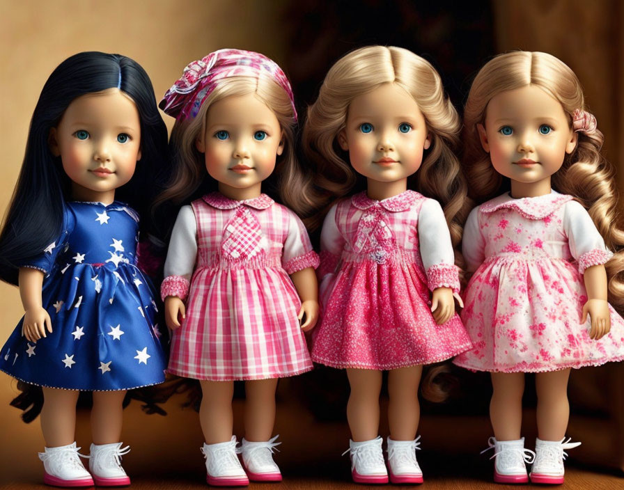 Four dolls with different hairstyles and outfits in blue and pink, standing together on warm background.