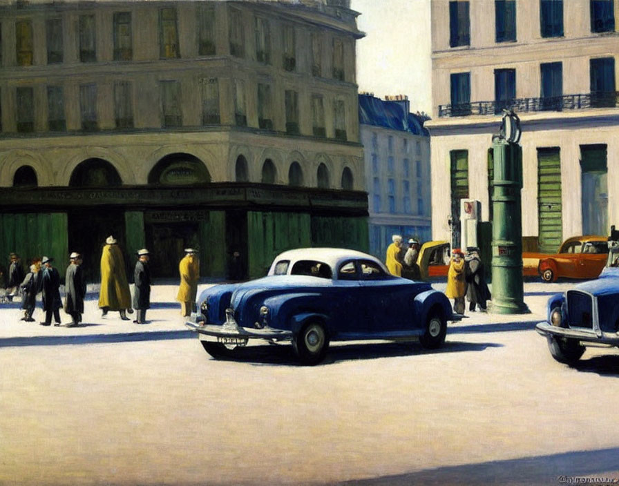 Vintage Street Scene Painting with Classic Cars and Mid-Century Attire