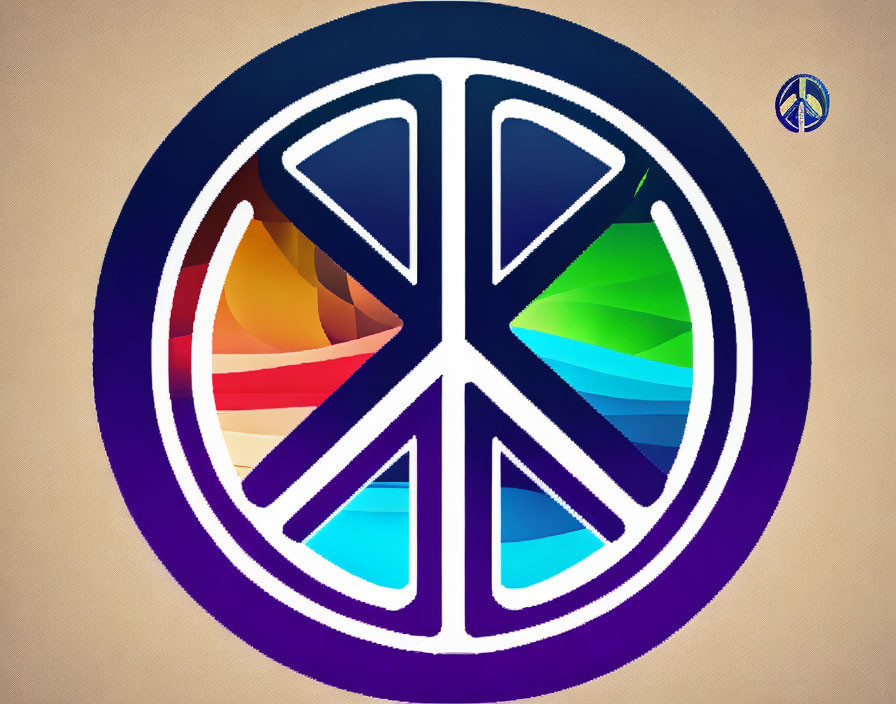 Colorful geometric peace symbol on beige background with triangle logo.