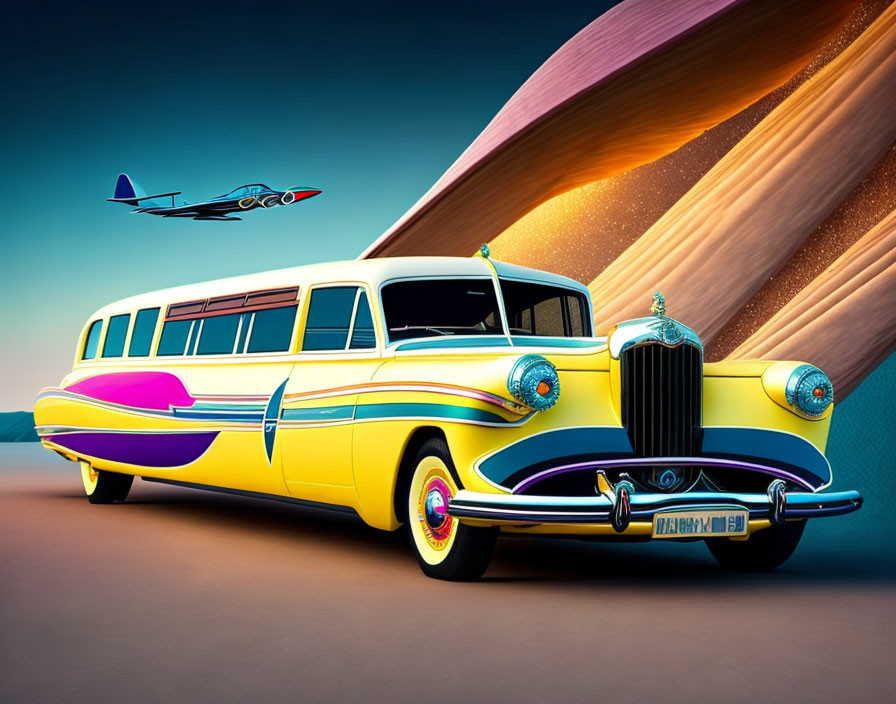 Yellow retro-futuristic bus with purple accents under pastel sky, featuring planet and vintage airplane.