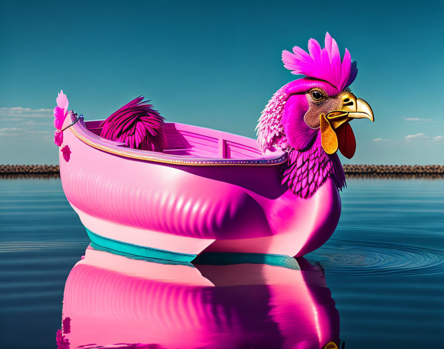 Colorful digital artwork: Pink chicken boat on calm waters