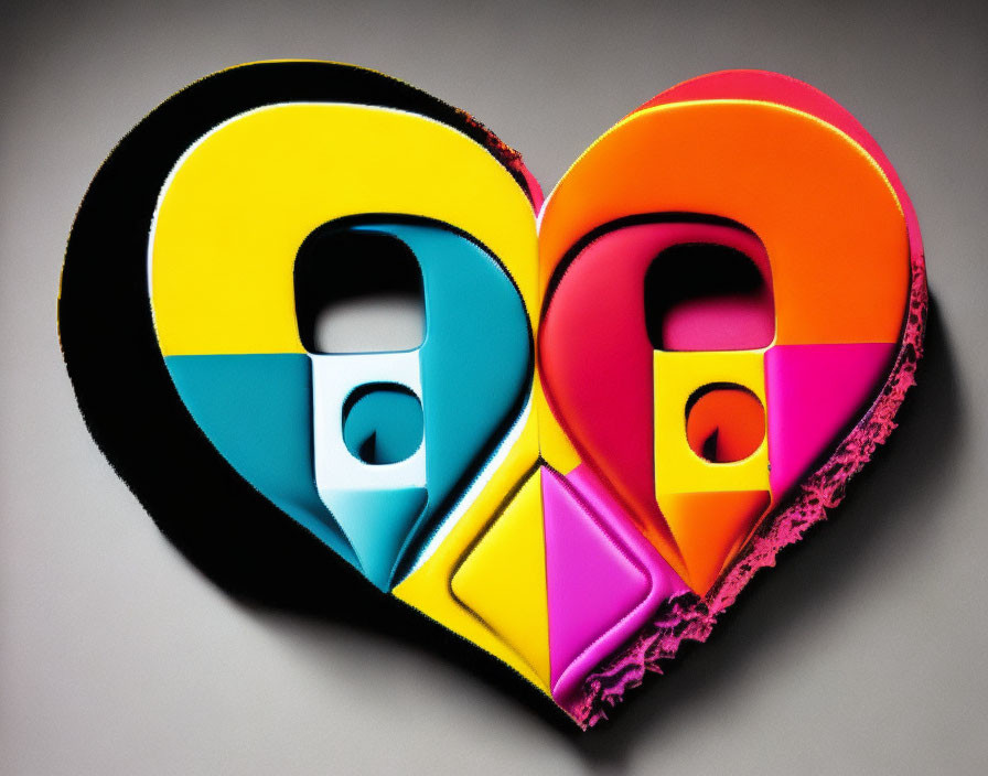 Colorful Heart-Shaped Object with Split Design in Yellow, Blue, Orange, and Pink