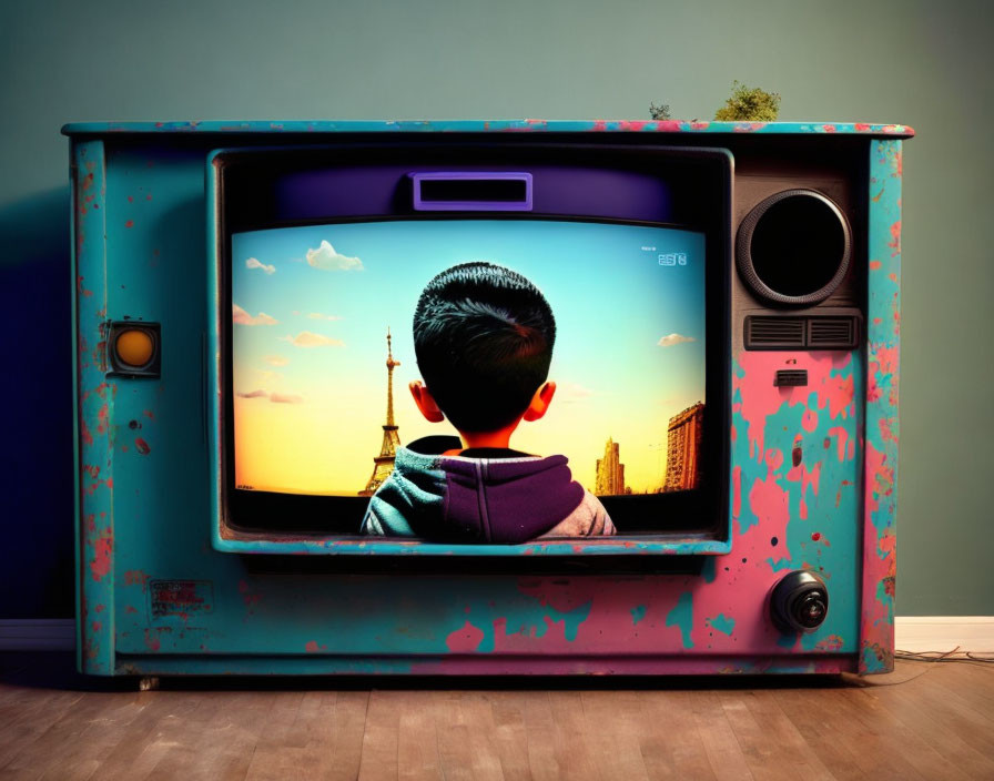 Child in vintage TV reaching sunset cityscape